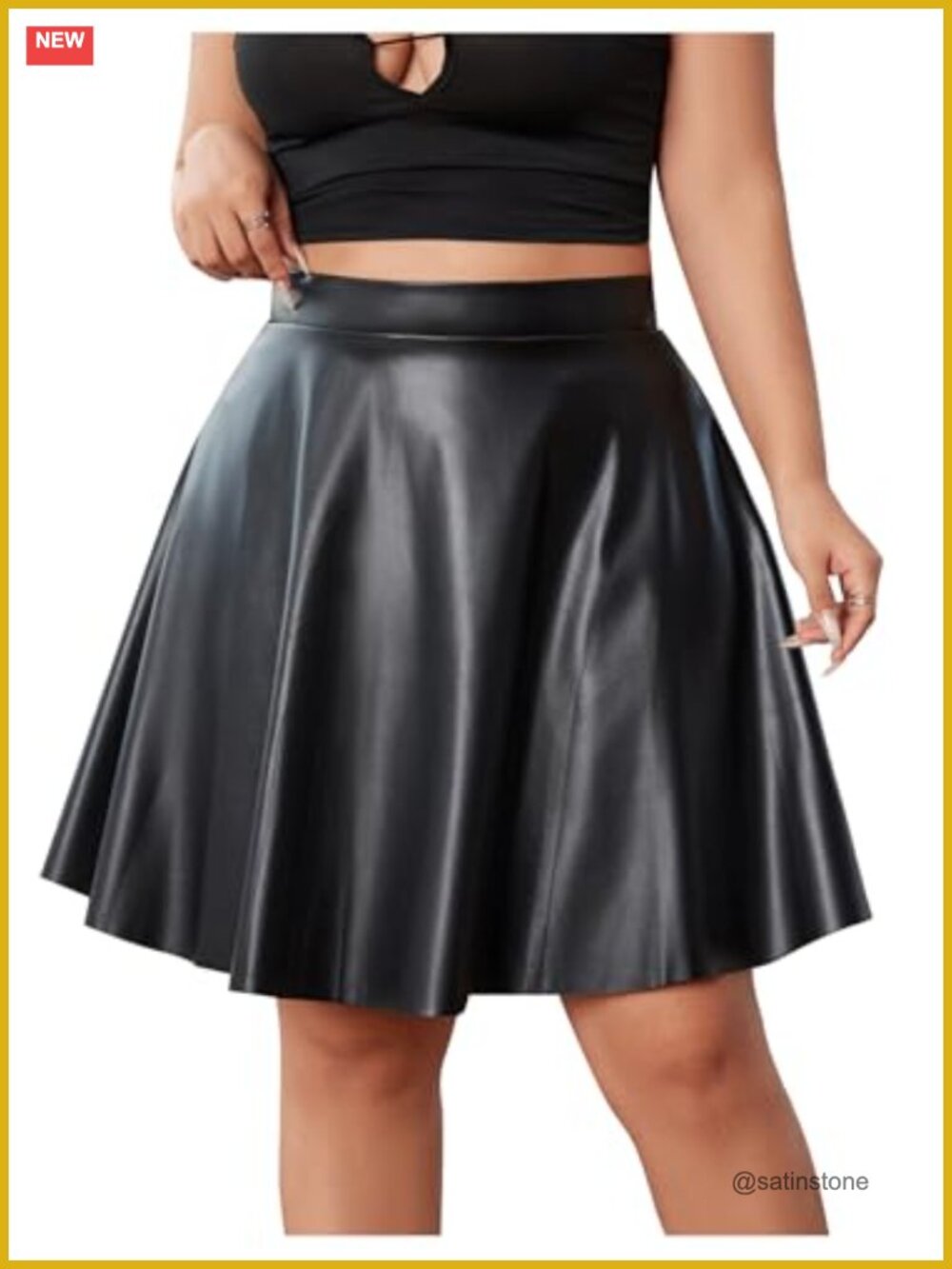 Plus Size Ruched Faux Leather High Waist A Line Flare Pleated Skirt